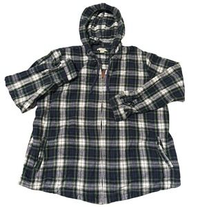 LL Bean Mens 2X Relaxed Fit Full Zip Hooded Flannel Shirt Green Plaid Jacket